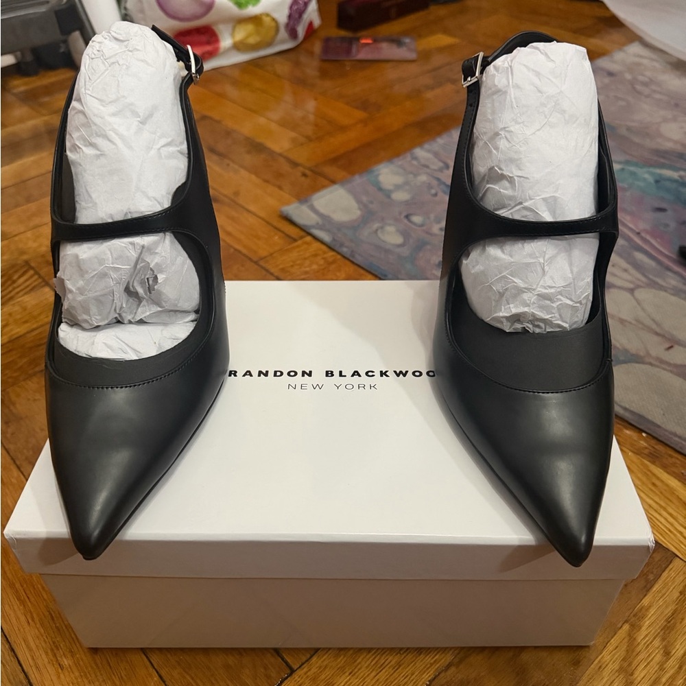 Brandon Blackwood Black Pointed Mary Jane Slingback Heels - Picture 6 of 8